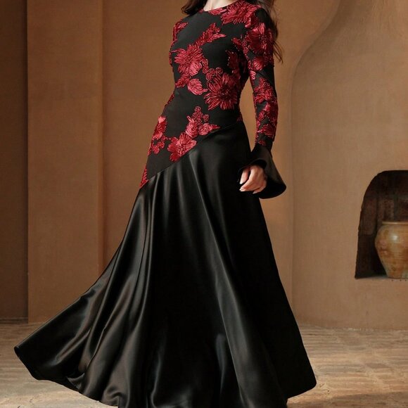BEST SELLER Black Elegant Women's RED Floral Patchwork Round Neck mAXI Dress - Picture 3 of 7